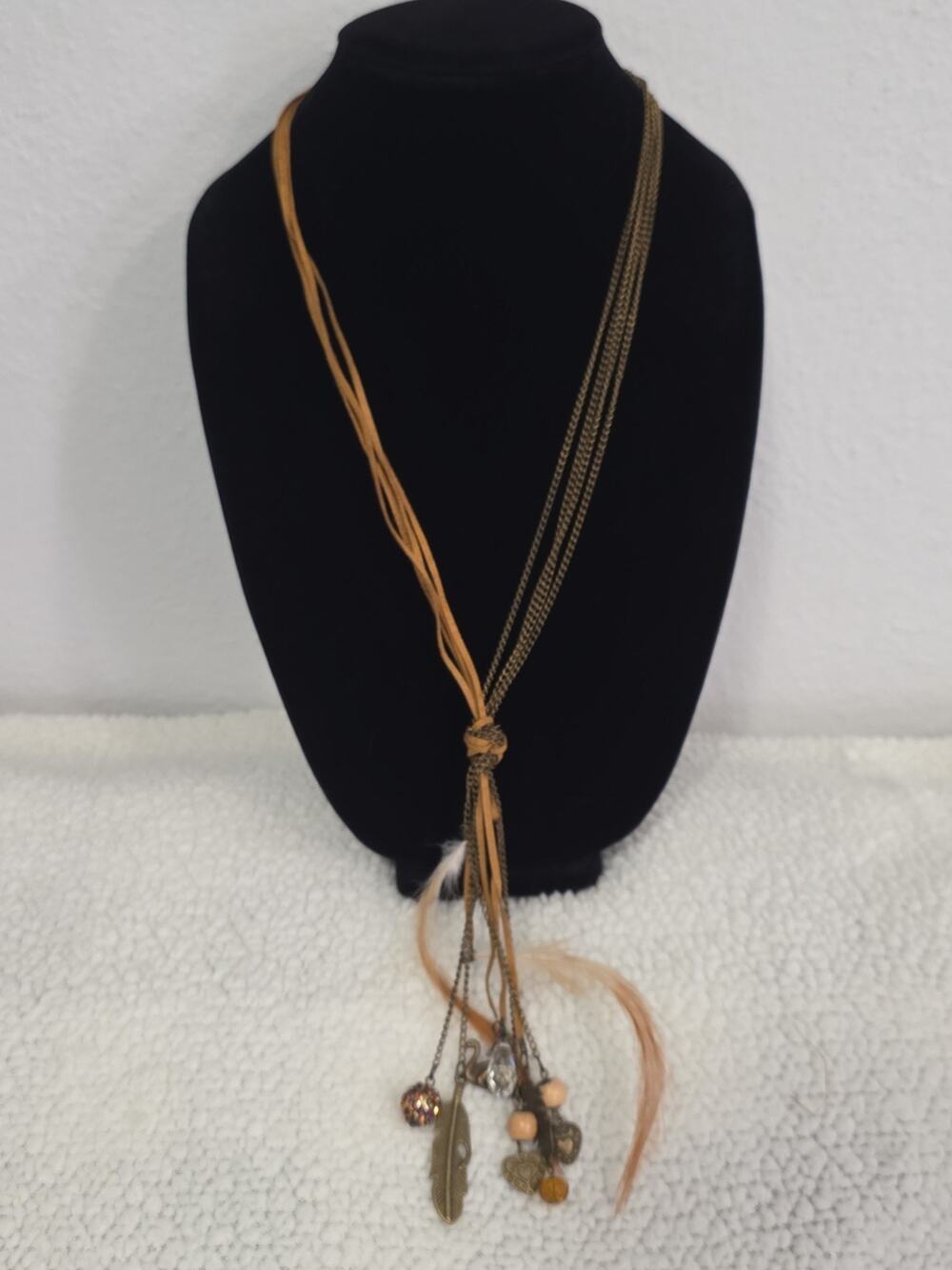 Long Dangle Lariat Tassel Charm Necklace Boho Ethnic Native Feather Crystal NWT